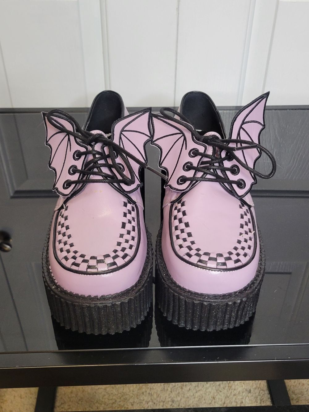 Demonia Purple Bat Wing Checker Platform Creepers 8 Lace Up Shoes Goth Emo Punk